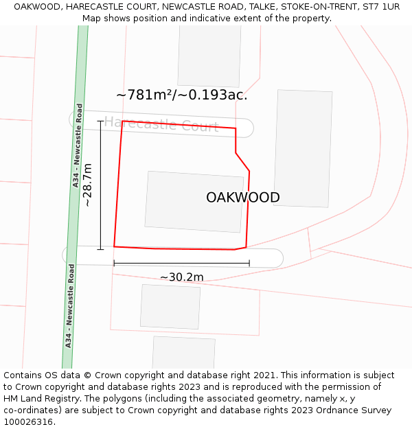 OAKWOOD, HARECASTLE COURT, NEWCASTLE ROAD, TALKE, STOKE-ON-TRENT, ST7 1UR: Plot and title map