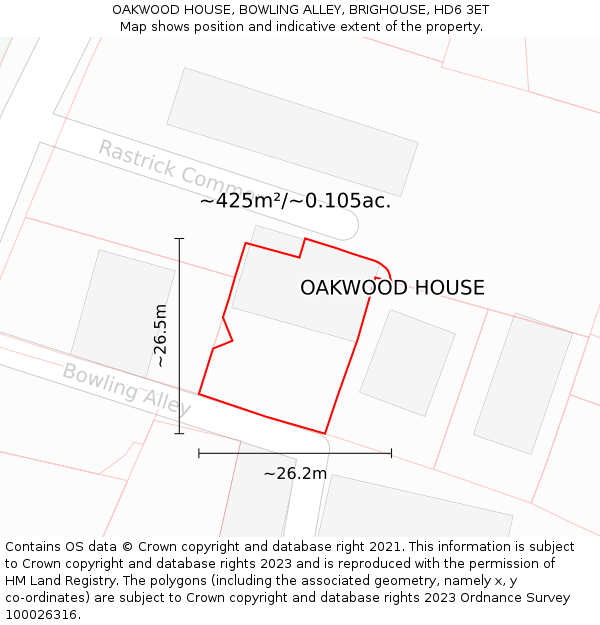 OAKWOOD HOUSE, BOWLING ALLEY, BRIGHOUSE, HD6 3ET: Plot and title map