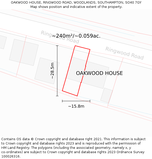 OAKWOOD HOUSE, RINGWOOD ROAD, WOODLANDS, SOUTHAMPTON, SO40 7GY: Plot and title map