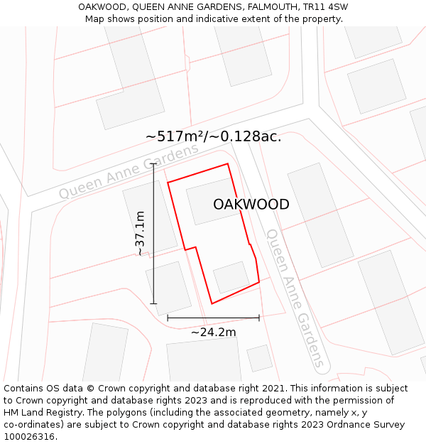 OAKWOOD, QUEEN ANNE GARDENS, FALMOUTH, TR11 4SW: Plot and title map