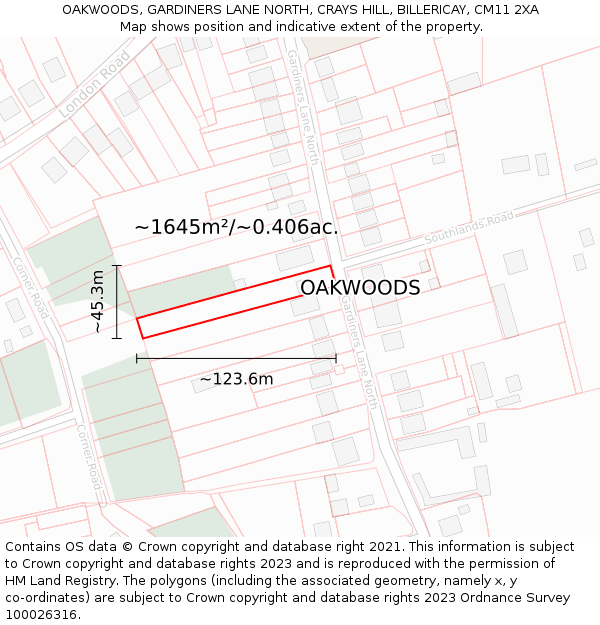 OAKWOODS, GARDINERS LANE NORTH, CRAYS HILL, BILLERICAY, CM11 2XA: Plot and title map