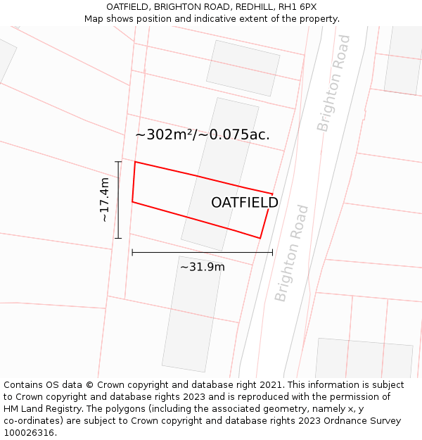 OATFIELD, BRIGHTON ROAD, REDHILL, RH1 6PX: Plot and title map