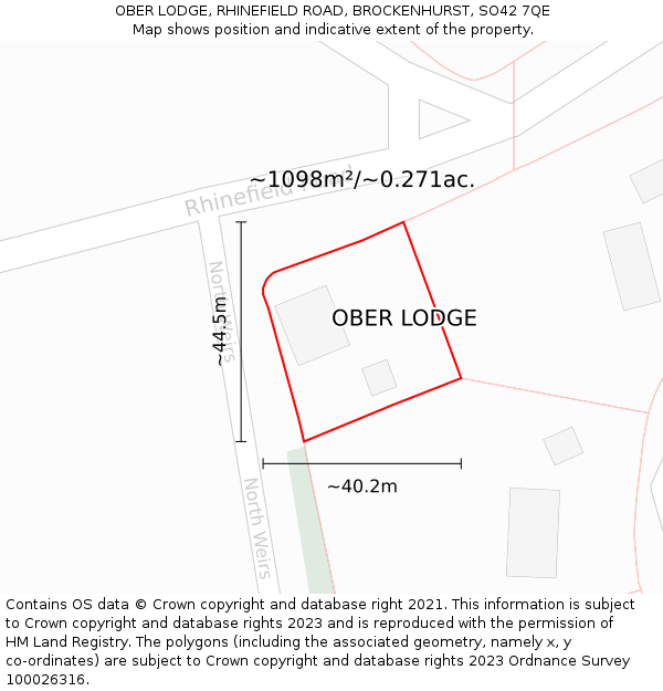 OBER LODGE, RHINEFIELD ROAD, BROCKENHURST, SO42 7QE: Plot and title map
