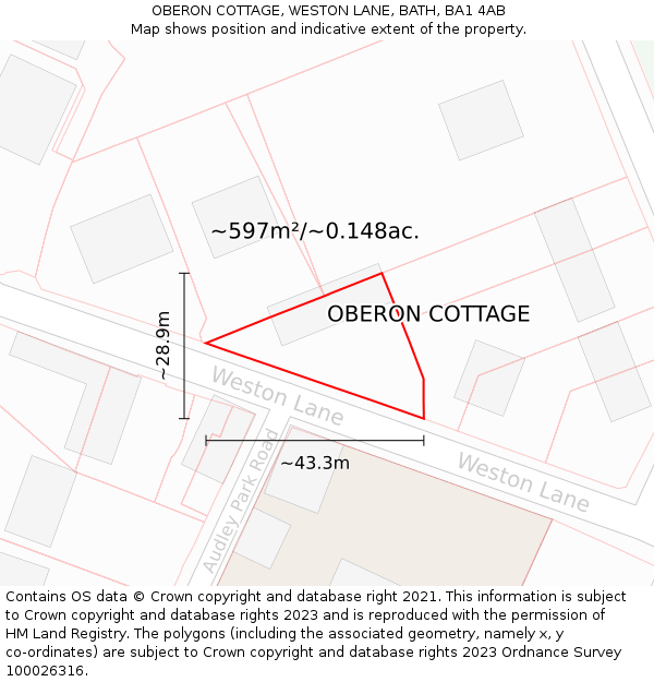 OBERON COTTAGE, WESTON LANE, BATH, BA1 4AB: Plot and title map