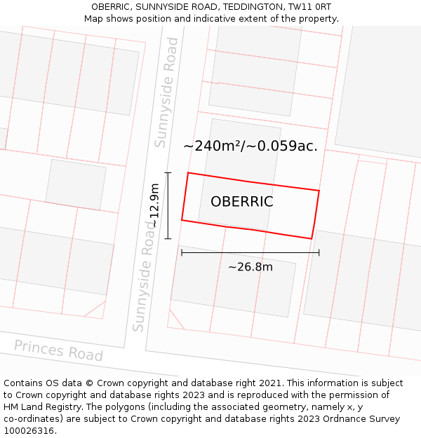 OBERRIC, SUNNYSIDE ROAD, TEDDINGTON, TW11 0RT: Plot and title map