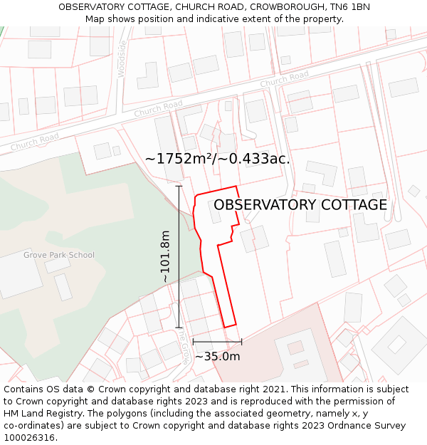 OBSERVATORY COTTAGE, CHURCH ROAD, CROWBOROUGH, TN6 1BN: Plot and title map