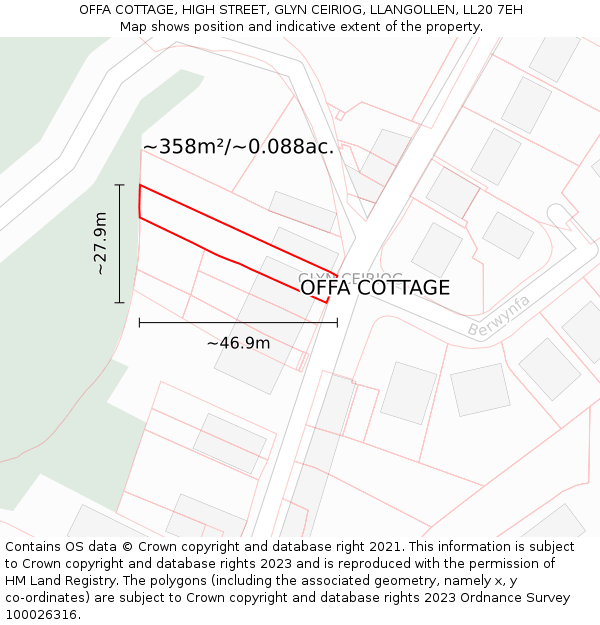 OFFA COTTAGE, HIGH STREET, GLYN CEIRIOG, LLANGOLLEN, LL20 7EH: Plot and title map