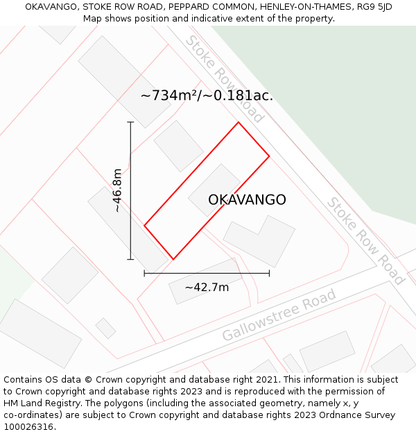 OKAVANGO, STOKE ROW ROAD, PEPPARD COMMON, HENLEY-ON-THAMES, RG9 5JD: Plot and title map