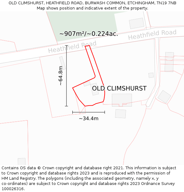 OLD CLIMSHURST, HEATHFIELD ROAD, BURWASH COMMON, ETCHINGHAM, TN19 7NB: Plot and title map