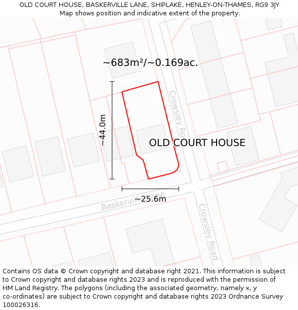 OLD COURT HOUSE, BASKERVILLE LANE, SHIPLAKE, HENLEY-ON-THAMES, RG9 3JY: Plot and title map