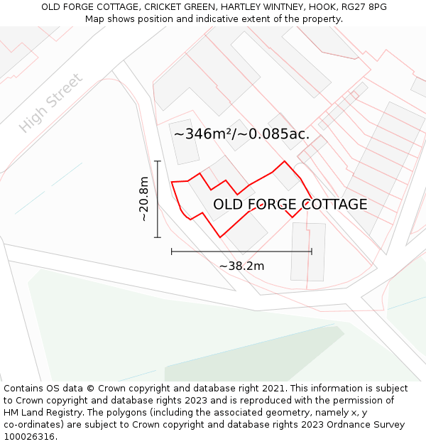 OLD FORGE COTTAGE, CRICKET GREEN, HARTLEY WINTNEY, HOOK, RG27 8PG: Plot and title map