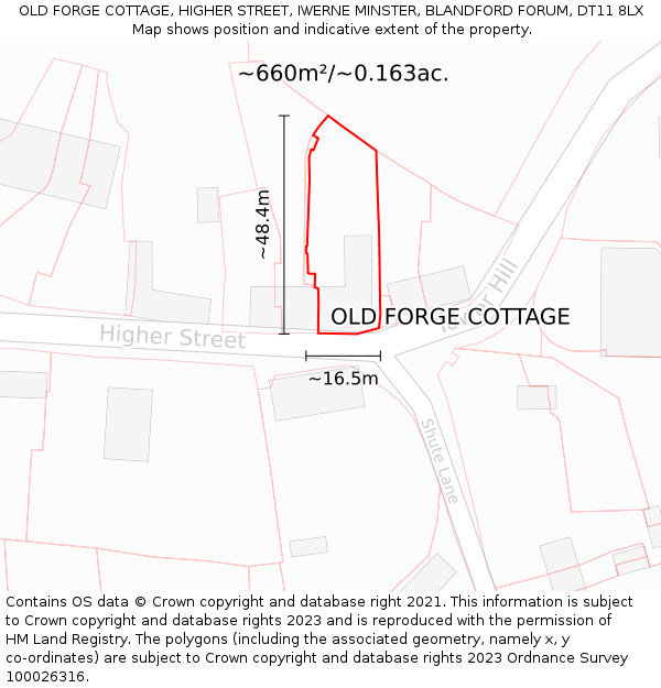 OLD FORGE COTTAGE, HIGHER STREET, IWERNE MINSTER, BLANDFORD FORUM, DT11 8LX: Plot and title map