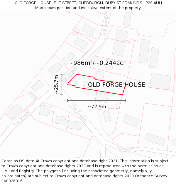 OLD FORGE HOUSE, THE STREET, CHEDBURGH, BURY ST EDMUNDS, IP29 4UH: Plot and title map