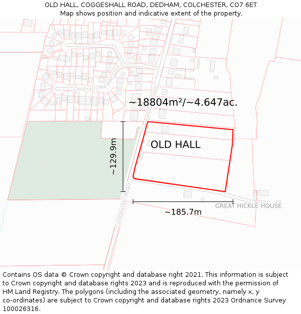 OLD HALL, COGGESHALL ROAD, DEDHAM, COLCHESTER, CO7 6ET: Plot and title map