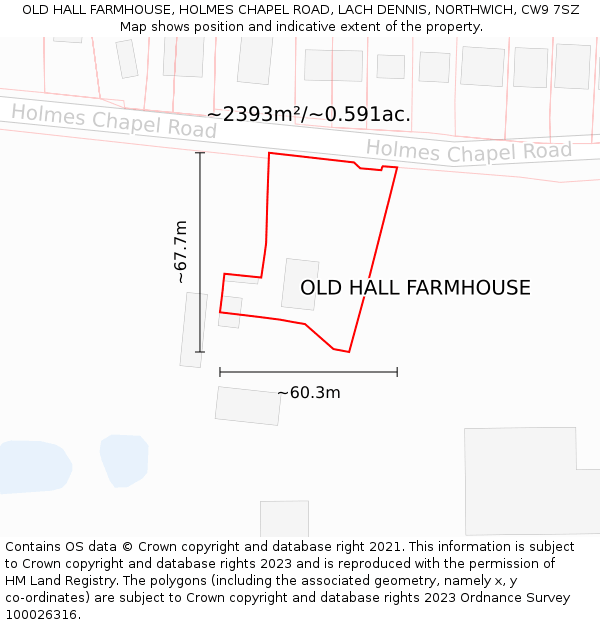 OLD HALL FARMHOUSE, HOLMES CHAPEL ROAD, LACH DENNIS, NORTHWICH, CW9 7SZ: Plot and title map