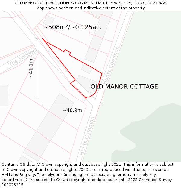 OLD MANOR COTTAGE, HUNTS COMMON, HARTLEY WINTNEY, HOOK, RG27 8AA: Plot and title map