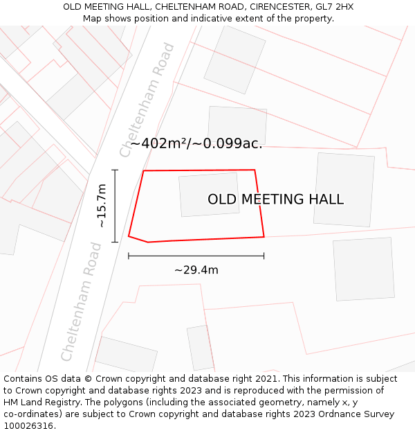 OLD MEETING HALL, CHELTENHAM ROAD, CIRENCESTER, GL7 2HX: Plot and title map