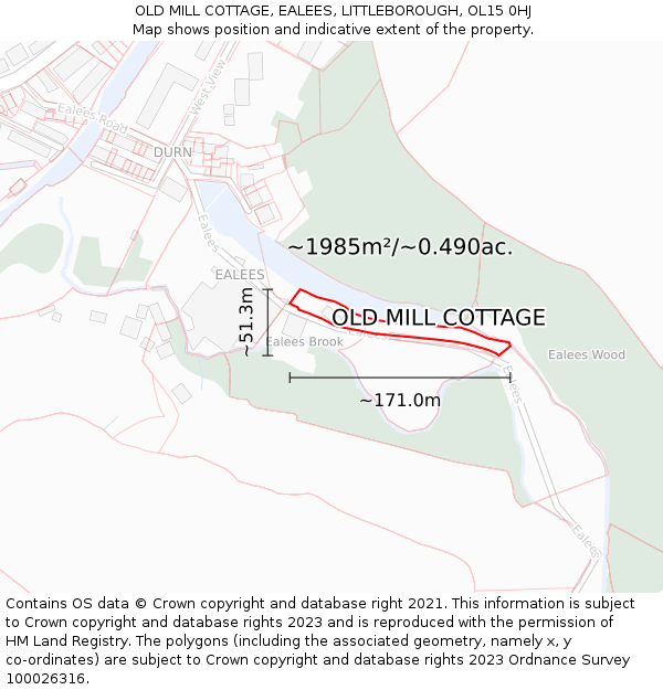 OLD MILL COTTAGE, EALEES, LITTLEBOROUGH, OL15 0HJ: Plot and title map