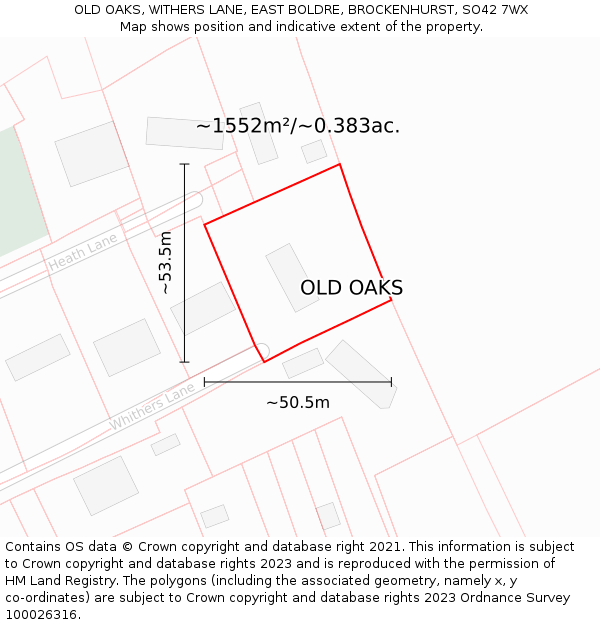 OLD OAKS, WITHERS LANE, EAST BOLDRE, BROCKENHURST, SO42 7WX: Plot and title map