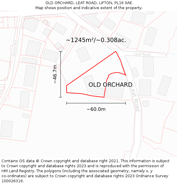 OLD ORCHARD, LEAT ROAD, LIFTON, PL16 0AE: Plot and title map