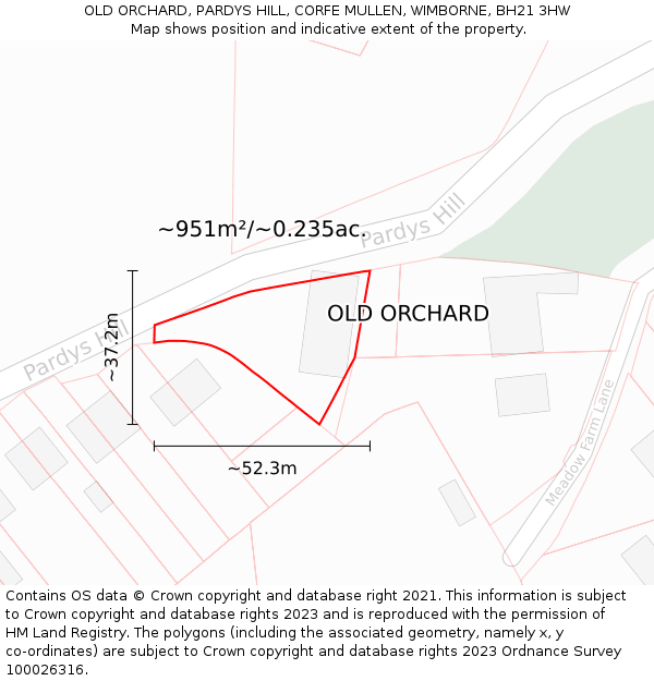 OLD ORCHARD, PARDYS HILL, CORFE MULLEN, WIMBORNE, BH21 3HW: Plot and title map