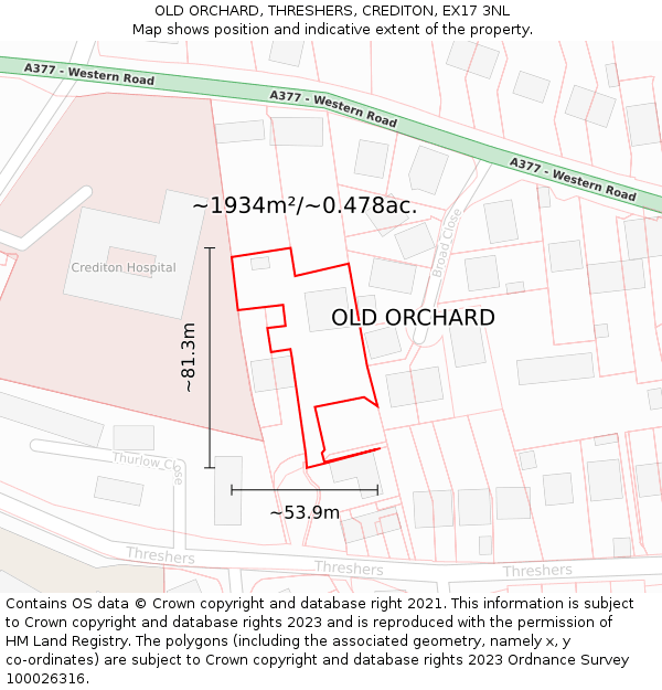OLD ORCHARD, THRESHERS, CREDITON, EX17 3NL: Plot and title map