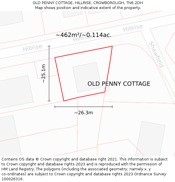 OLD PENNY COTTAGE, HILLRISE, CROWBOROUGH, TN6 2DH: Plot and title map