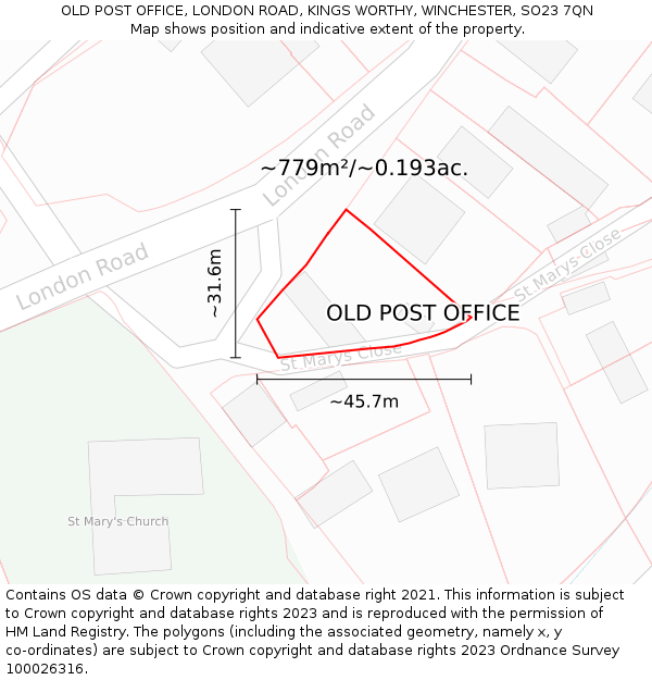 OLD POST OFFICE, LONDON ROAD, KINGS WORTHY, WINCHESTER, SO23 7QN: Plot and title map