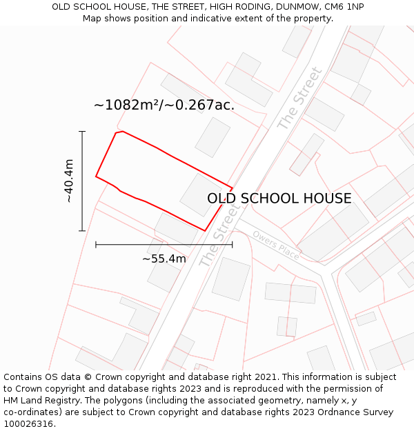 OLD SCHOOL HOUSE, THE STREET, HIGH RODING, DUNMOW, CM6 1NP: Plot and title map