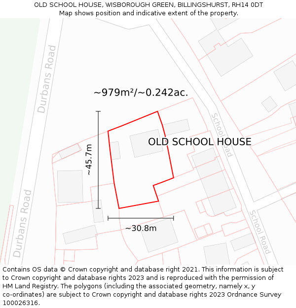 OLD SCHOOL HOUSE, WISBOROUGH GREEN, BILLINGSHURST, RH14 0DT: Plot and title map