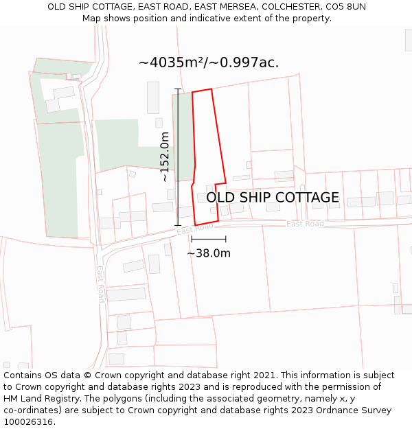 OLD SHIP COTTAGE, EAST ROAD, EAST MERSEA, COLCHESTER, CO5 8UN: Plot and title map