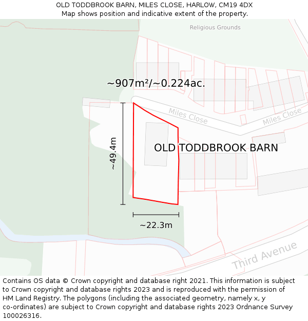 OLD TODDBROOK BARN, MILES CLOSE, HARLOW, CM19 4DX: Plot and title map