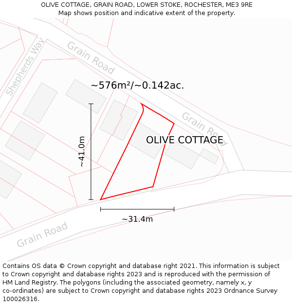 OLIVE COTTAGE, GRAIN ROAD, LOWER STOKE, ROCHESTER, ME3 9RE: Plot and title map