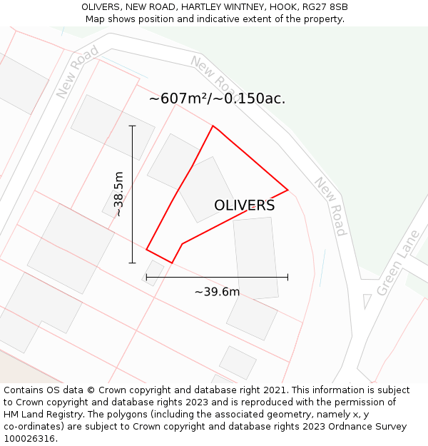 OLIVERS, NEW ROAD, HARTLEY WINTNEY, HOOK, RG27 8SB: Plot and title map