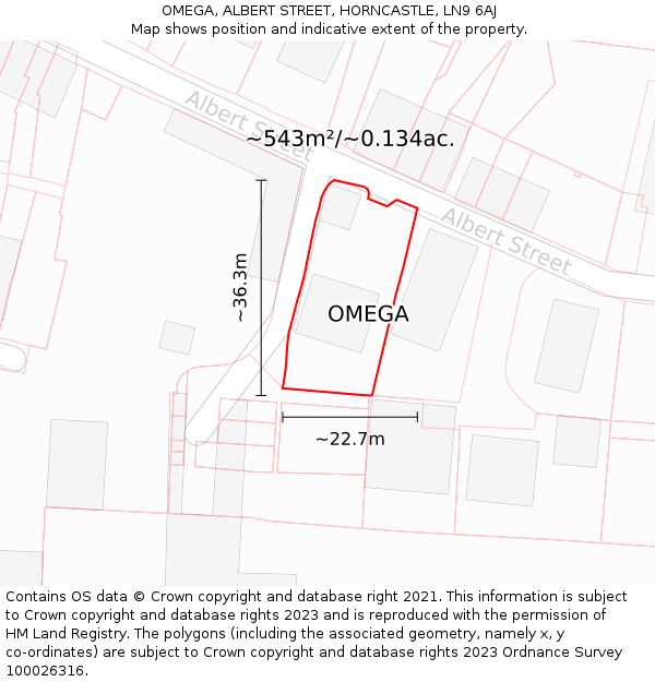 OMEGA, ALBERT STREET, HORNCASTLE, LN9 6AJ: Plot and title map