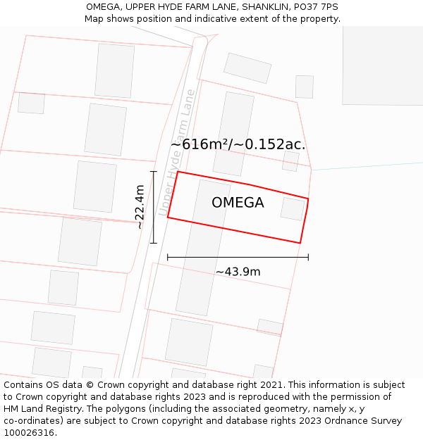 OMEGA, UPPER HYDE FARM LANE, SHANKLIN, PO37 7PS: Plot and title map