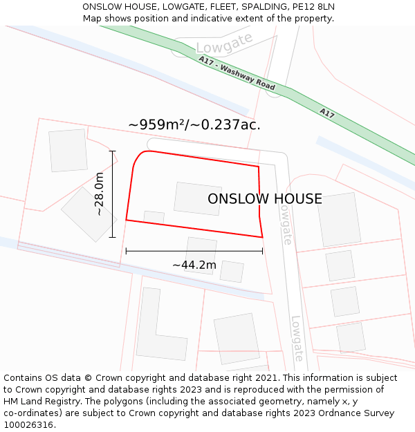 ONSLOW HOUSE, LOWGATE, FLEET, SPALDING, PE12 8LN: Plot and title map