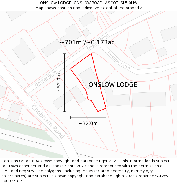ONSLOW LODGE, ONSLOW ROAD, ASCOT, SL5 0HW: Plot and title map