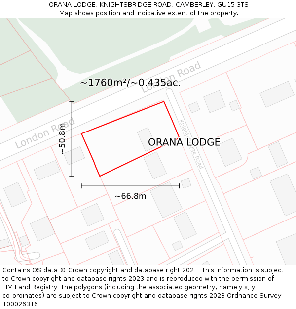 ORANA LODGE, KNIGHTSBRIDGE ROAD, CAMBERLEY, GU15 3TS: Plot and title map