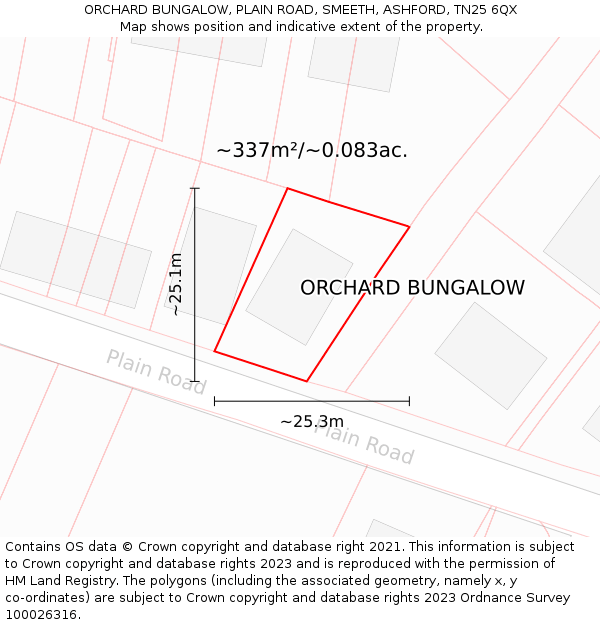 ORCHARD BUNGALOW, PLAIN ROAD, SMEETH, ASHFORD, TN25 6QX: Plot and title map