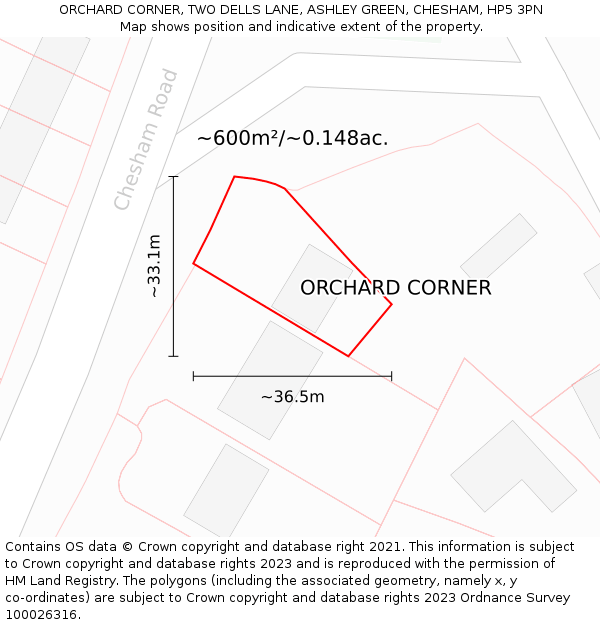 ORCHARD CORNER, TWO DELLS LANE, ASHLEY GREEN, CHESHAM, HP5 3PN: Plot and title map