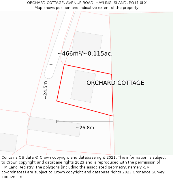 ORCHARD COTTAGE, AVENUE ROAD, HAYLING ISLAND, PO11 0LX: Plot and title map