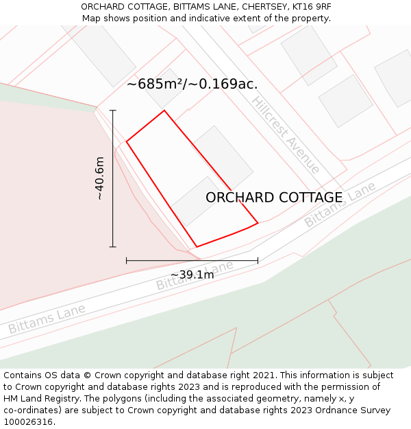 ORCHARD COTTAGE, BITTAMS LANE, CHERTSEY, KT16 9RF: Plot and title map