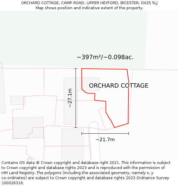 ORCHARD COTTAGE, CAMP ROAD, UPPER HEYFORD, BICESTER, OX25 5LJ: Plot and title map