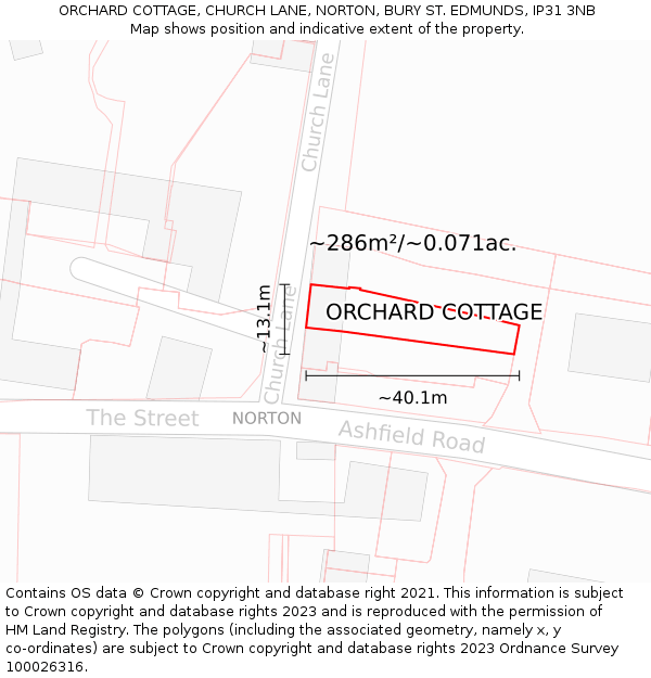ORCHARD COTTAGE, CHURCH LANE, NORTON, BURY ST. EDMUNDS, IP31 3NB: Plot and title map