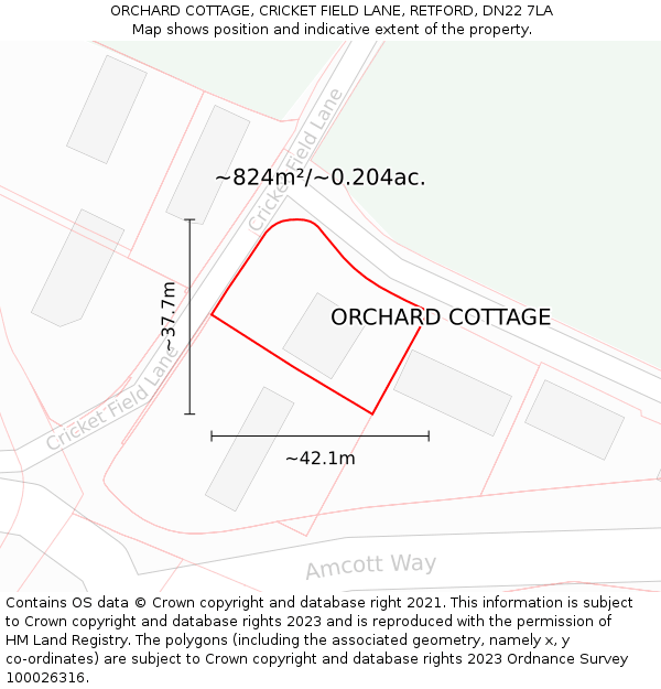 ORCHARD COTTAGE, CRICKET FIELD LANE, RETFORD, DN22 7LA: Plot and title map