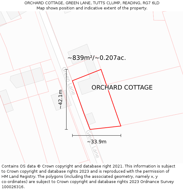 ORCHARD COTTAGE, GREEN LANE, TUTTS CLUMP, READING, RG7 6LD: Plot and title map