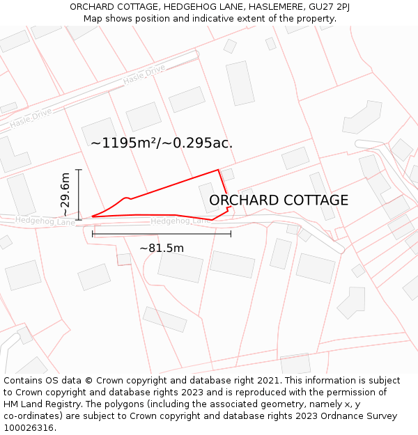 ORCHARD COTTAGE, HEDGEHOG LANE, HASLEMERE, GU27 2PJ: Plot and title map