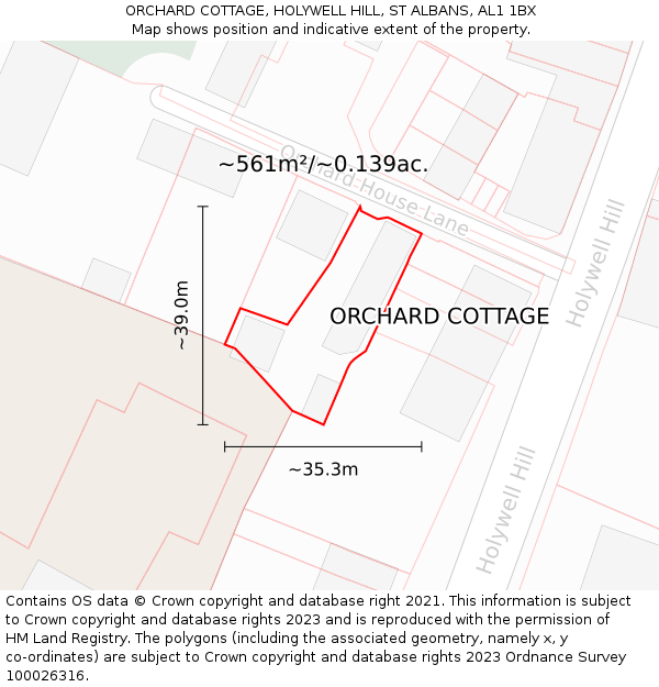 ORCHARD COTTAGE, HOLYWELL HILL, ST ALBANS, AL1 1BX: Plot and title map