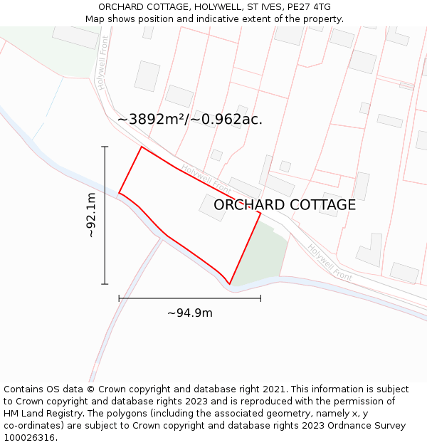 ORCHARD COTTAGE, HOLYWELL, ST IVES, PE27 4TG: Plot and title map